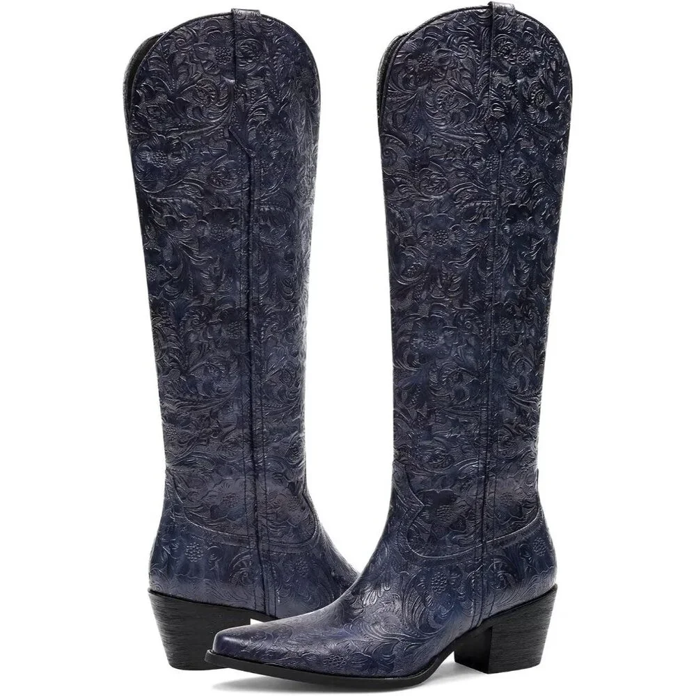 Women Blue Boots Embossed Knee High Western Boots Pointed Toe Comfortable